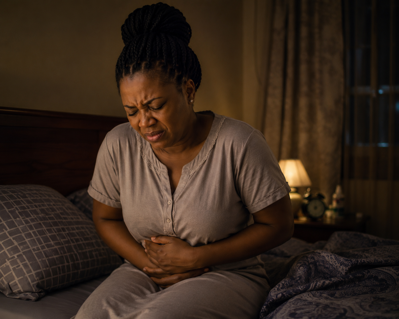 A woman sitting on the edge of her bed at night, clutching her stomach in pain